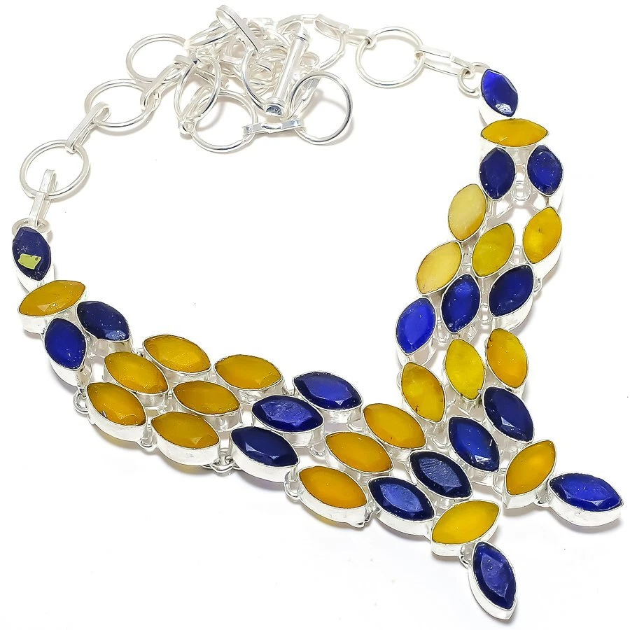 Collar de joyería de plata 925 hecho a mano de ónix amarillo, piedras preciosas de zafiro 18" R-2819 Foto 1 de 1