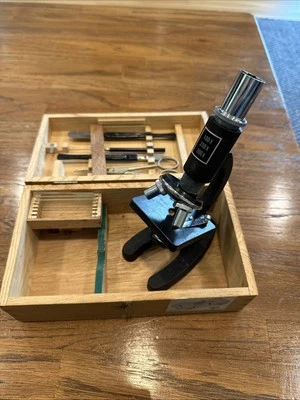 Microscope In Wooden Box Vintage 1960-70’s  100X 200X 300X Tools & Glass Slides - Image 1 of 4