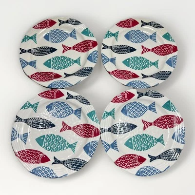 "Juego de 4 platos de melamina de pescado Cynthia Rowley de 10,5"" vajilla de verano picnic playa" Foto 1 de 4