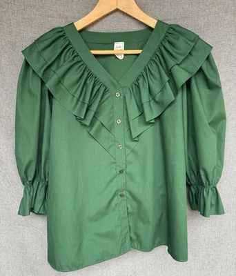 Vtg M Malco Modes Blouse Square Dance Ruffle Shirt Top Party Western Green - Image 1 of 4