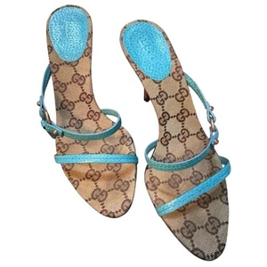 Echte Gucci GG Canvas Logo türkis blau Riemchen Absatz Sandalen Größe 36 C mit Karton - Bild 1 von 15