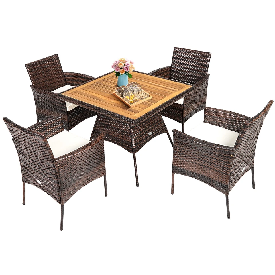 Patiojoy Patio 5pcs Rattan Dining Furniture Set Arm Chair Wooden Table Top