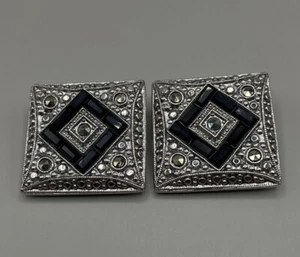 1928 Womans Earrings Pierced Gunmetal Faux Marcasite Faceted Black Rhinestone 1” - Picture 1 of 8