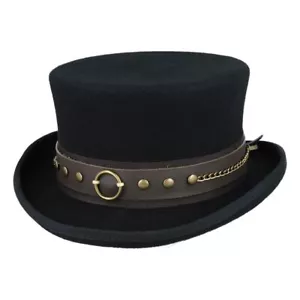 Classic Wool Top Hat - 100% Real Leather Western Style Steampunk Hat Deadman Top - Picture 1 of 5