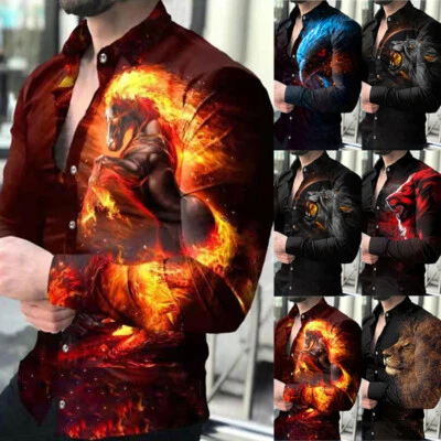 Men's Animal Printed Long-sleeved Shirt Fashion Turn-down Collar Printing Tee ⇗ - Image 1 of 4