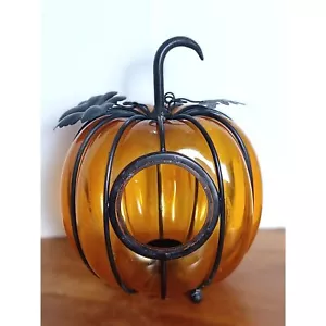 Fall Orange Pumpkin Caged Glass in Metal Votive Holder Luminary Light Lantern - Picture 1 of 9