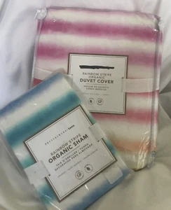 Funda nórdica orgánica Pottery Barn Teen a rayas arco iris y farsa doble nueva con etiquetas - Imagen 1 de 4