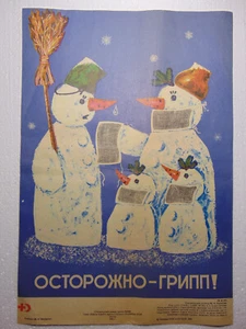 Poster Sovietico Popaganda Salute Originale Attenzione Flu Covid Wear Maschera Pupazzo di Neve - Foto 1 di 3