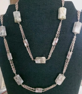 Vintage Necklace 36" Silver With Polished Gemstones Beads. 06 - Picture 1 of 15