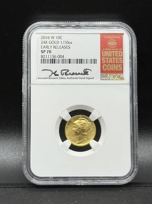 2016 W Mercury Dime Gold SP70 ER Kenneth Bressett-NGC-Rare Population 5 - Image 1 of 4