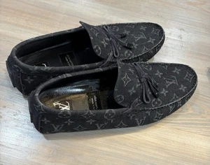 Louis Vuitton Men’s Driving Loafer Moccasin BLACK Denim Logo Monogram Size 10.5 - Picture 1 of 5