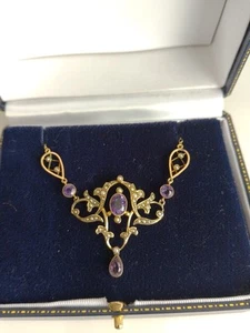 Victorian Amethyst & Pearl Lavaliere 9ct Yellow Gold Necklace Pendant - Picture 1 of 8