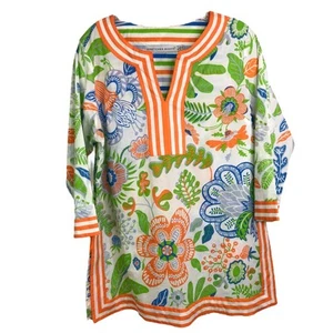 Top túnica Gretchen Scott para mujer talla grande blanco cuello en V brillante encubrimiento multi floral - Imagen 1 de 7