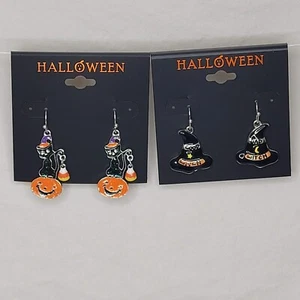 Halloween Earrings 2 Pack Good Bad Witch Hats & Cat w/ Hat & Candy Corn Jewelry - Picture 1 of 3