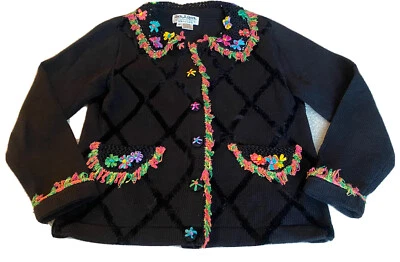 Cardigã Jack B tamanho rápido PS suéter preto bordado enfeitado floral adorável - Imagem 1 de 4