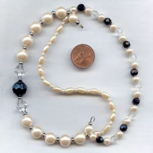 2 VINTAGE PEARL CRYSTAL JET & SILVER BEADED TRI STRAND 7" TIPPED SECTIONS 3402 - Picture 1 of 1
