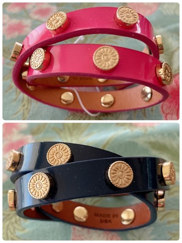 Braccialetto In Pelle Borchie Fiore Deco Logo Tory Burch Rosa o Navy Scuro