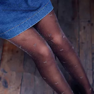 Women black Sexy Shimmer silver Glitter Pink bow Pantyhose Stockings Opaque - Picture 1 of 8