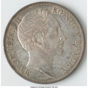 GERMAN STATES BAVARIA 1855 2 GULDEN SILVER COIN, CHOICE ALMOST UNCIRCULATED - Picture 1 of 2