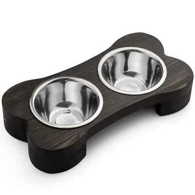 Cuencos de madera elevados de acero inoxidable para mascotas platos dobles para perros cachorros suministros de alimentación Foto 1 de 4