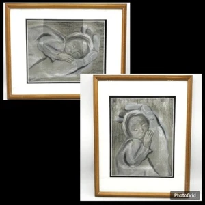 Boceto dibujado a mano enmarcado y montado bebé/niño en madres pasteles obra de arte - Imagen 1 de 6