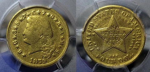 1879 Flowing Hair Stella $4 Gold PCGS PR Genuine Surfaces Tooled Cover