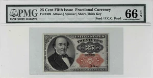 .25 cent Fractional Currency-fr.1309-Fifth Issue-PMG GEM 66 EPQ - Picture 1 of 4