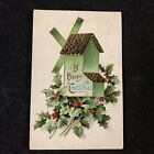 Christmas Postcard Vintage Embossed Antique Postmark 190? Holly Birdhouse