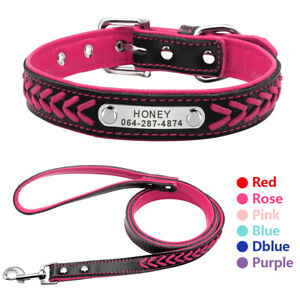Braided Leather Personalised Pet Dog Collar and Matching Lead with Name Plate