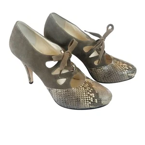 Bettye Muller Taupe Suede Python Embossed Lace-Up Pumps Size 36.5 Made In Italy - Picture 1 of 12