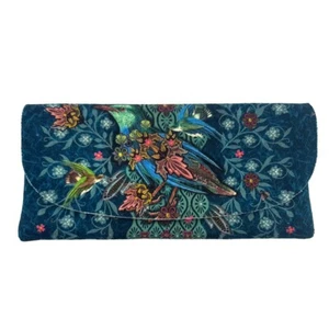 Velour Glasses Case - Blue Embroidered Bird - Spectacle Case - Made In France - Picture 1 of 3
