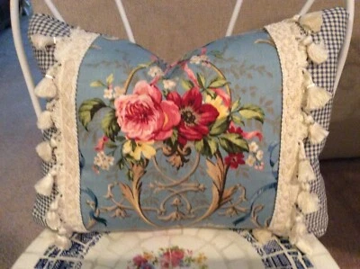 Richloom Fragonard Pillow Pink Bow Floral French Country Toile Cornflower Blue - Image 1 of 3
