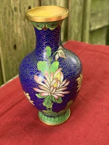 Vintage Blue Enamel Pink Chrysanthemum Flower & Swallow Cloisonne Vase - Picture 1 of 4