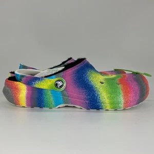 New CROCS Dye Clog Mens 12 Rainbow Multi Color Black Fur Classic Lined Spray - Picture 1 of 7