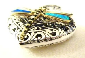 Sterling Silver fancy openwork Fire Opal Dragonfly Love Heart Reversible Pendant - Picture 1 of 4