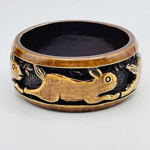 Vintage Lacquered Carved Wooden Rabbit Bunny Bangle Bracelet 8” Artisan Made - Picture 1 of 7