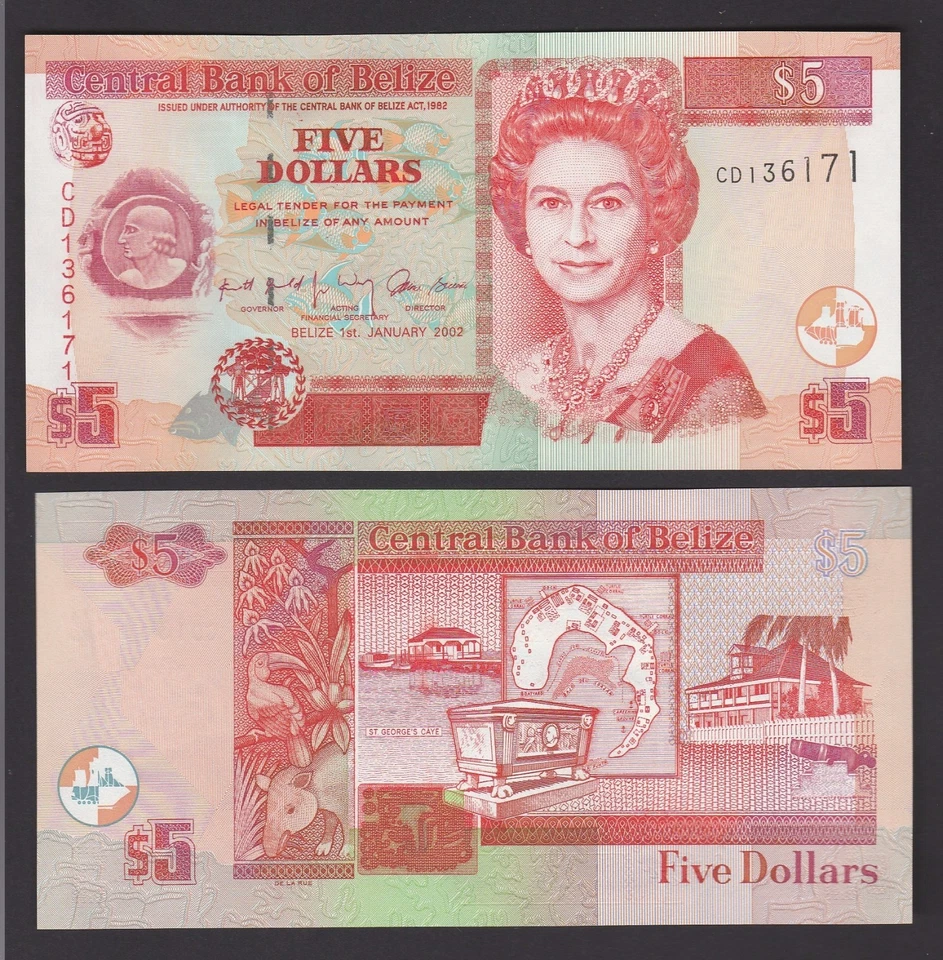 Belize 5 Dollars (ND 2002) P61b Prefix CD Queen Elizabeth Banknote - UNC - Image 1 of 1
