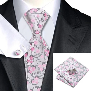 Silver & Pink Floral 100% Silk Tie, Pocket Square & Cufflink Set For Weddings - Picture 1 of 8