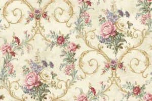 Wallpaper Floral Scroll Red Pink Purple Pink Gold on Cream , 60 sq ft bolt - Picture 1 of 1