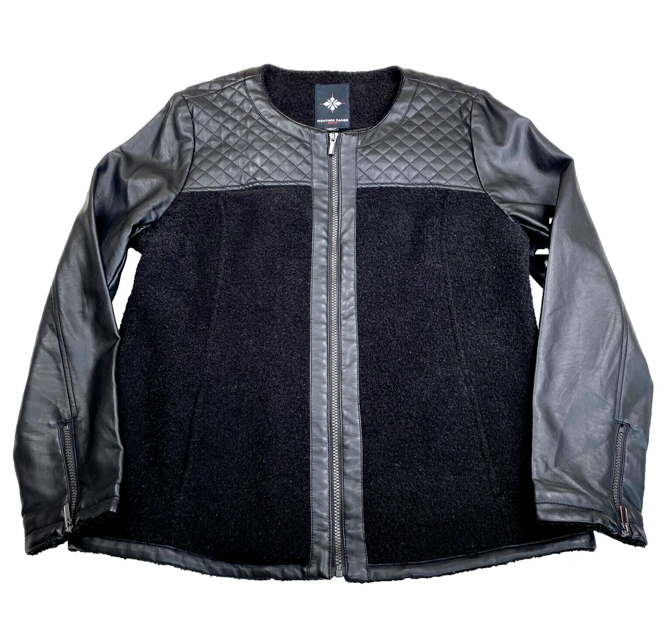 Weather Tamer Womens Jacket Sz L Black Gray Faux Leather Zip Long Sleeve - Image 1 of 4