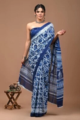 Women's Cotton Malmal Saree with Unstitch Blouse Bollywood Beautiful Ethnic Sari - Image 1 of 4