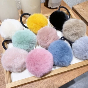Women Solid Color Fluffy Plush Hair Rope Pompom Stretch Hair Ties Rubber Band - Picture 1 of 21