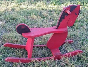 Vtg Red Wood Rocking Horse homemade folk art Darling americana toy - Bild 1 von 11
