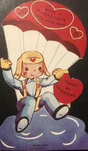 Vtg Valentine Greeting Card Cute Boy Parachuting ‘May I Parachute Into Ur Heart” - Picture 1 of 3