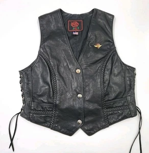 Chaleco Motociclista De Colección Cuero Negro Harley Davidson Parche y Pin Lados de Encaje Para Mujer Grande - Imagen 1 de 8
