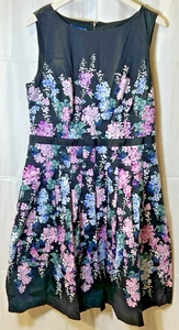 TALBOTS RSVP BLACK WITH PINK & BLUE FLOWERS FIT & FLARE DRESS WOMENS SIZE 12 - Picture 1 of 18