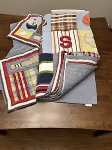 Pottery Barn Kids All Stars Sports Patchwork Quilt With 2 Shams 82x82 - Picture 1 of 5