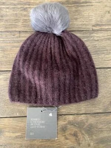 NWT Restoration Hardware WINE Ribbed 100% Cashmere Beanie Hat Fur Pom Pom Maroon - Picture 1 of 2