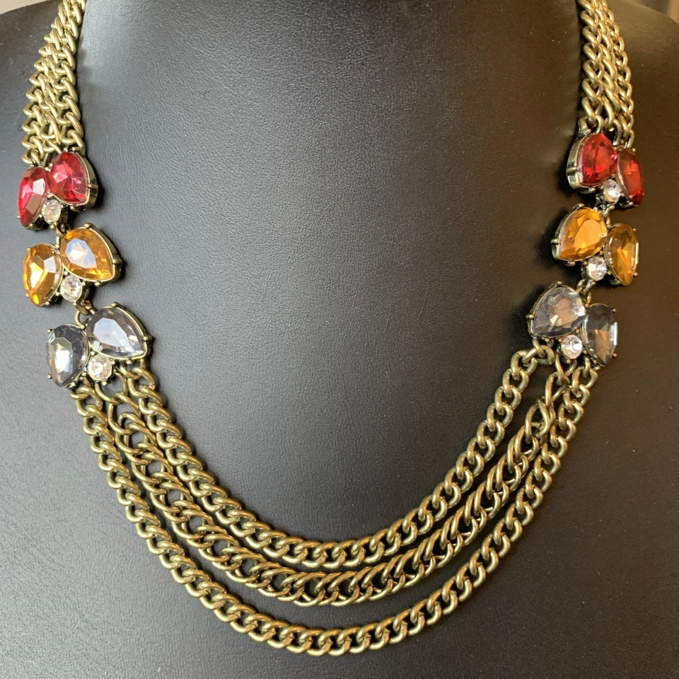 New Necklace-Antique Gold Multi chain W/Red Amber & Gray Rhinestone Bead Accent - Image 1 of 4