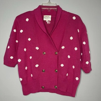 Susan Bristol 1991 Vintage Pink Cardigan Size Large Sweater Knit Polka Dots Gold - Image 1 of 4